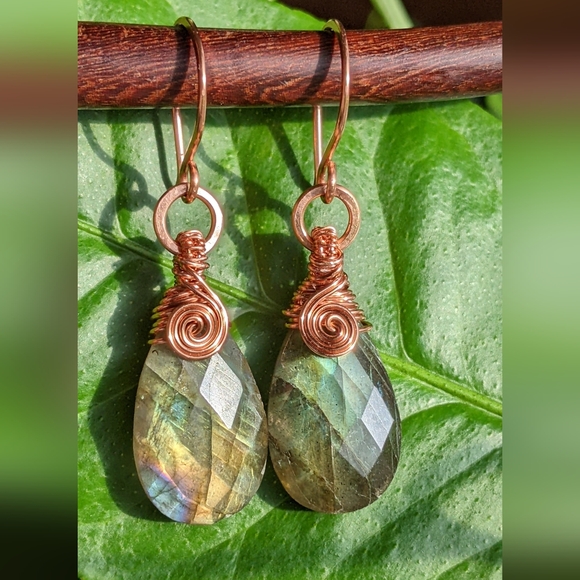 Artisan Jewelry - Artisan Labradorite Gemstone Earrings Hand Wrapped In Pure Copper
